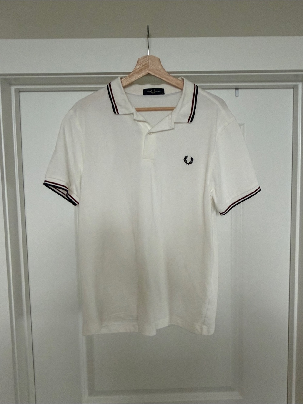 Fred Perry Men’s Cream Polo with Black & Red Twin Tipping